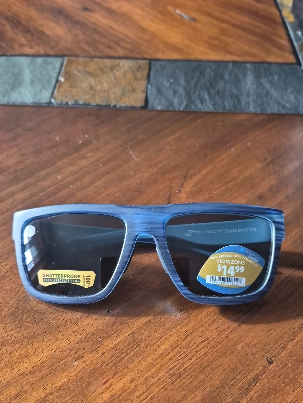 Impressions Shaterproof Blue Men’s Woodgrain Sunglasses with Dark Lenses
